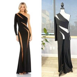 Mac Duggal Black Jersey Illusion Cutout One Shoulder Maxi Dress Size 8